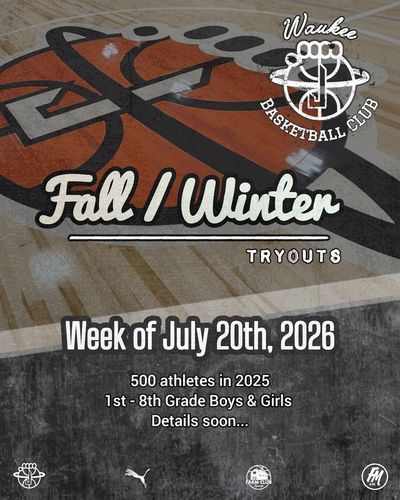 Announcement for Waukee Basketball Club Fall/Winter tryouts in July 2026 for 1st-8th graders.