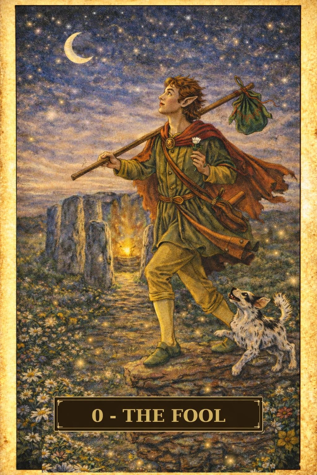 Tarot card of The Fool with a young adventurer and a dog.