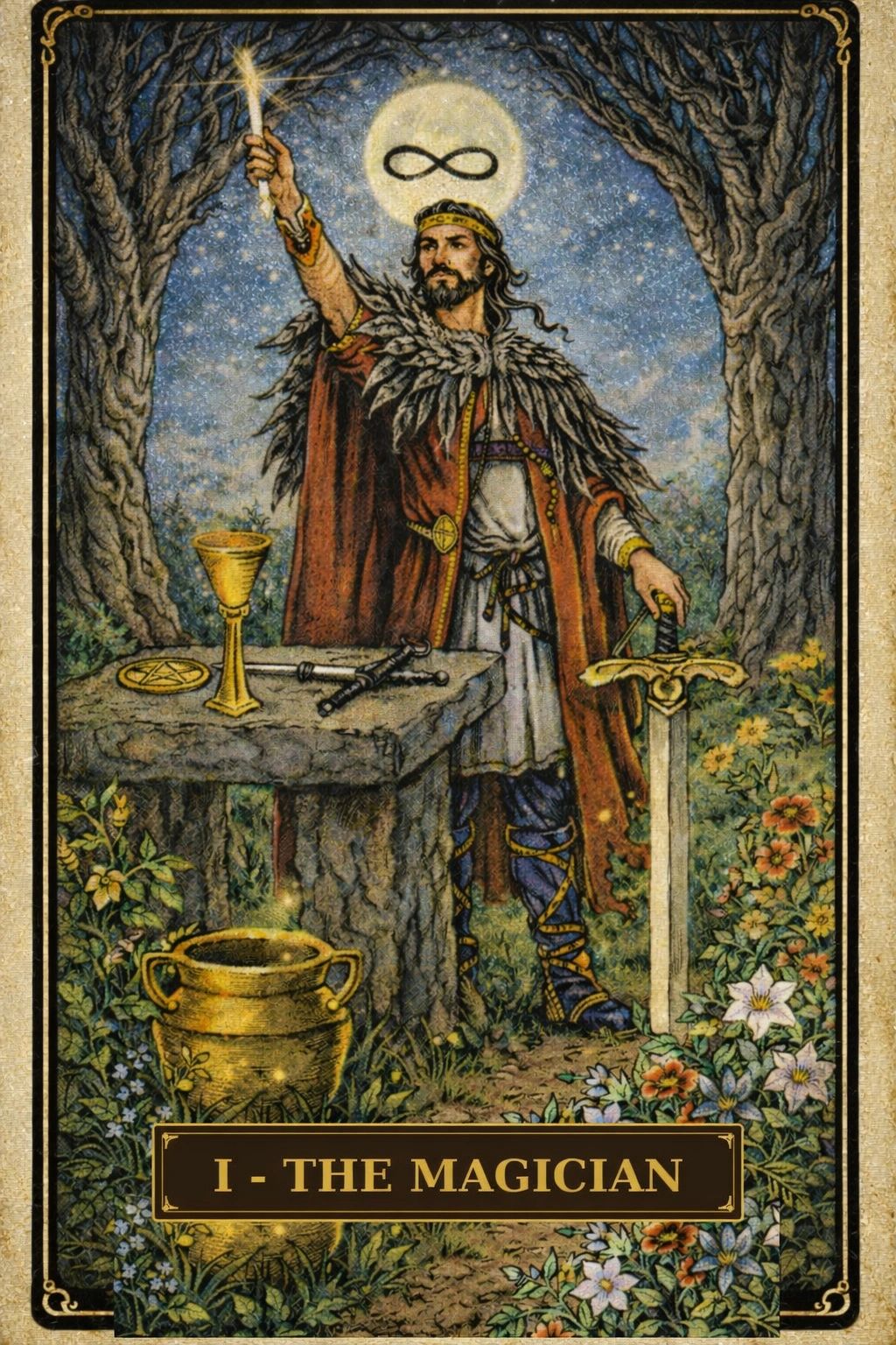 Tarot card of The Magician with mystical symbols and nature.