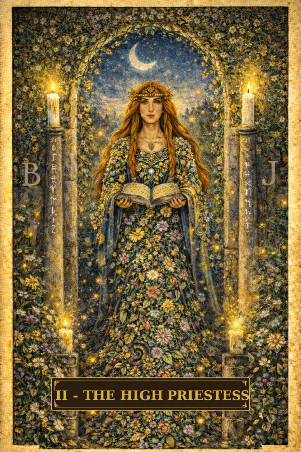 Tarot card of The High Priestess with floral theme and glowing candles.