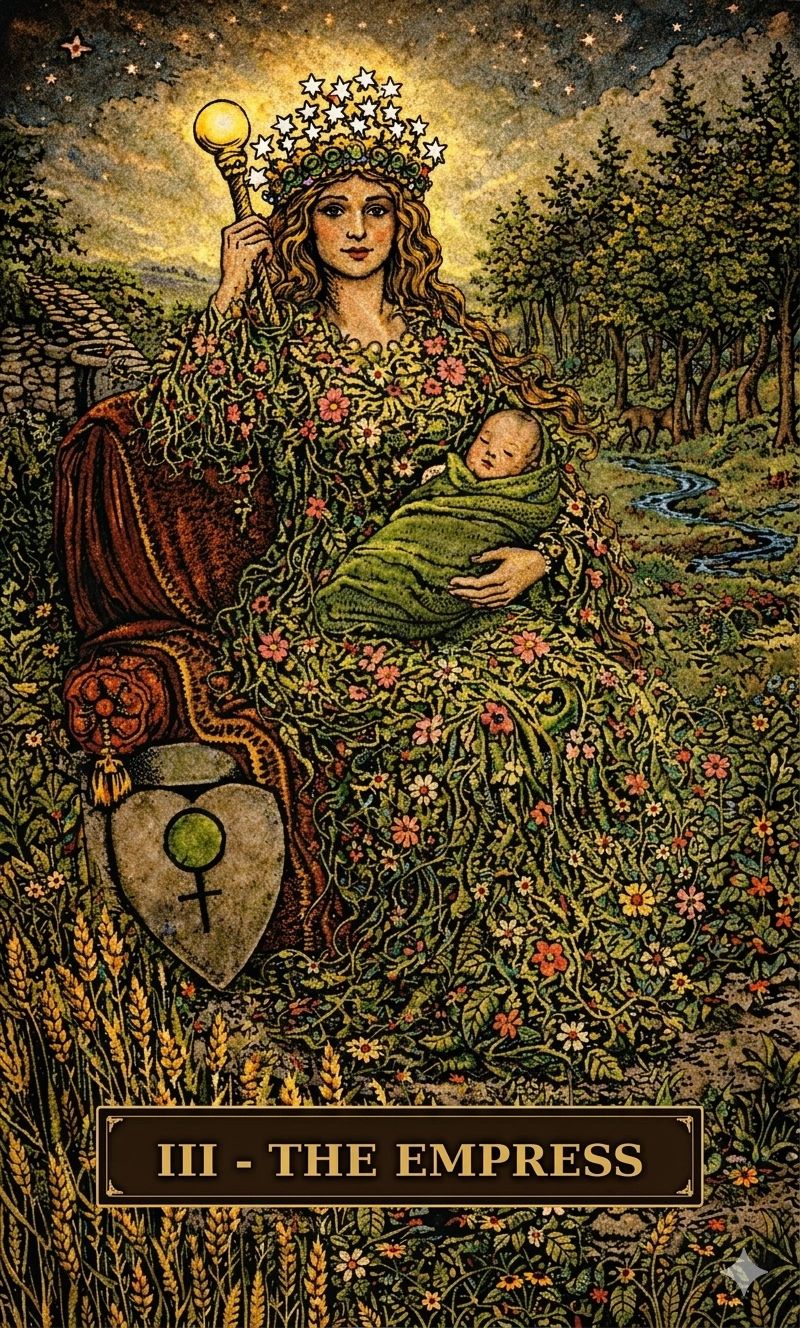 The Empress tarot card with a crowned woman holding a baby.