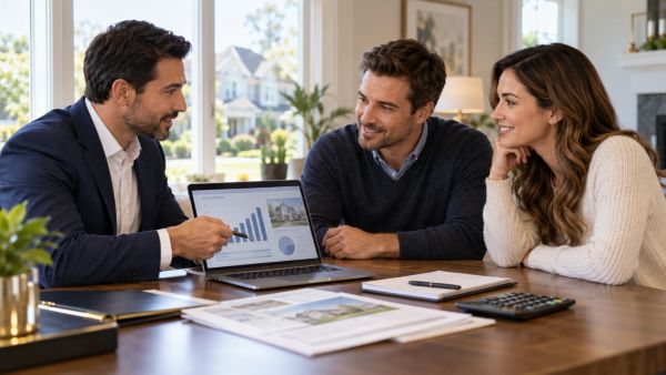 Long Island home buyers reviewing mortgage and affordability calculations with a broker.