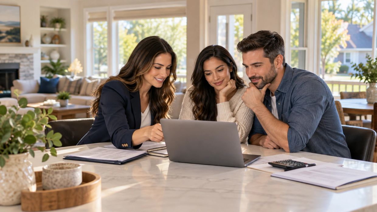 Long Island homebuyers reviewing mortgage rates and loan options with a real estate professional.
