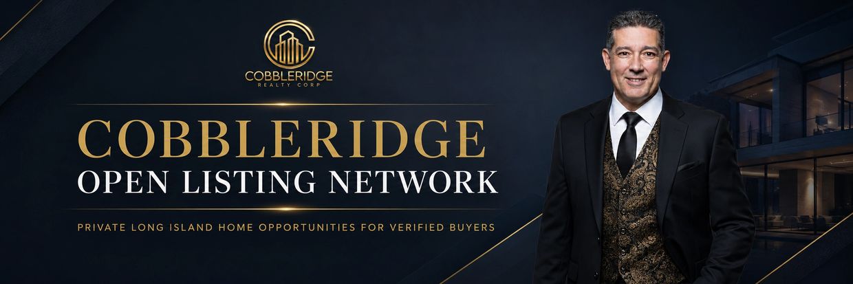 Cobbleridge Open Listing Network website header featuring Cobbleridge Realty Corp. branding, a profe