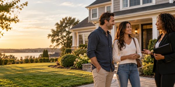 Long Island home buyers speaking with a real estate advisor outside a suburban home
