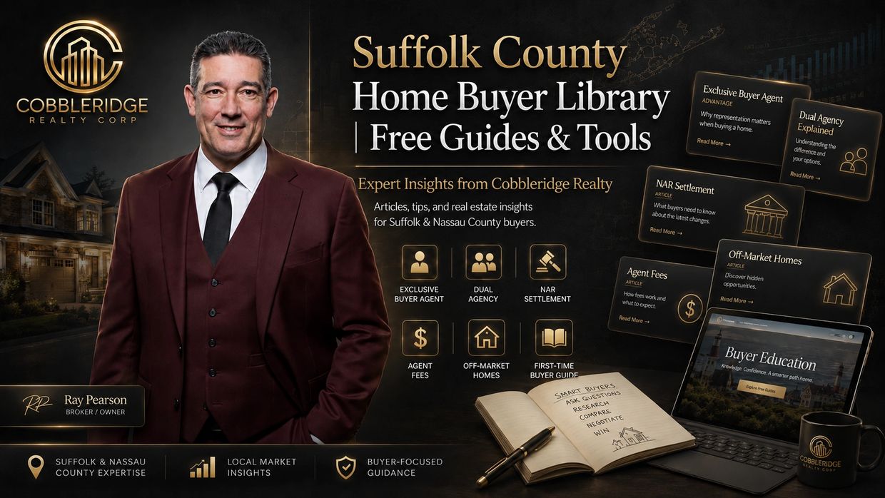 Suffolk County Home Buyer Library image with Ray Pearson, Cobbleridge Realty logo, free guides and t