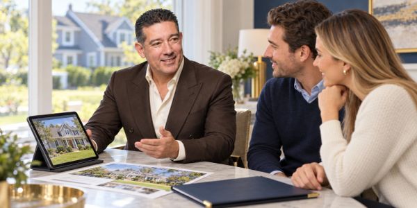 Ray Pearson meeting with Long Island home buyers about a home purchase.