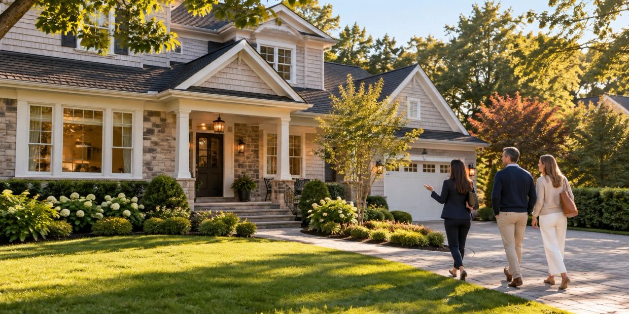 Long Island home buyers viewing a Suffolk County property with their real estate advisor.