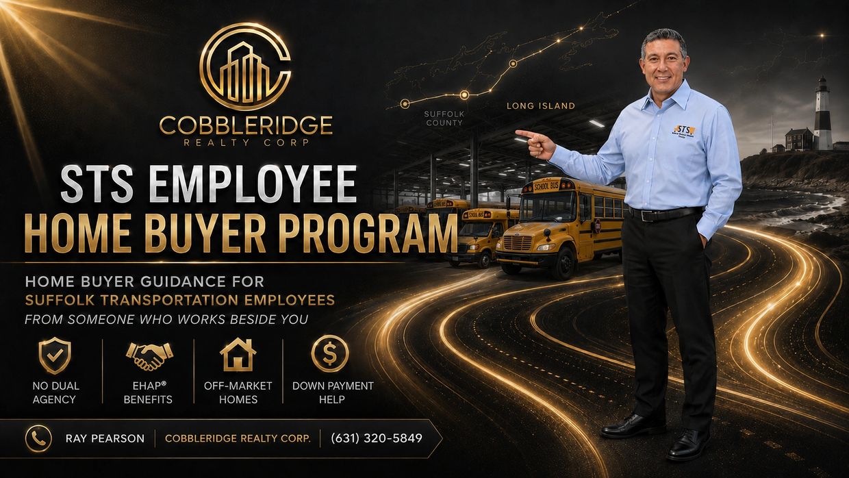 Ray Pearson points to STS Employee Home Buyer Program banner with Cobbleridge Realty logo, Long Isla