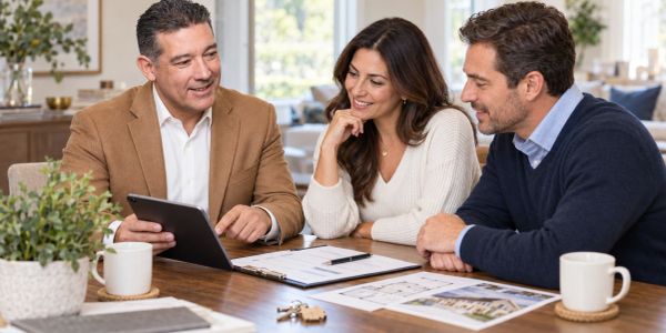 Ray Pearson reviews a Long Island home-buying plan with prospective buyers.