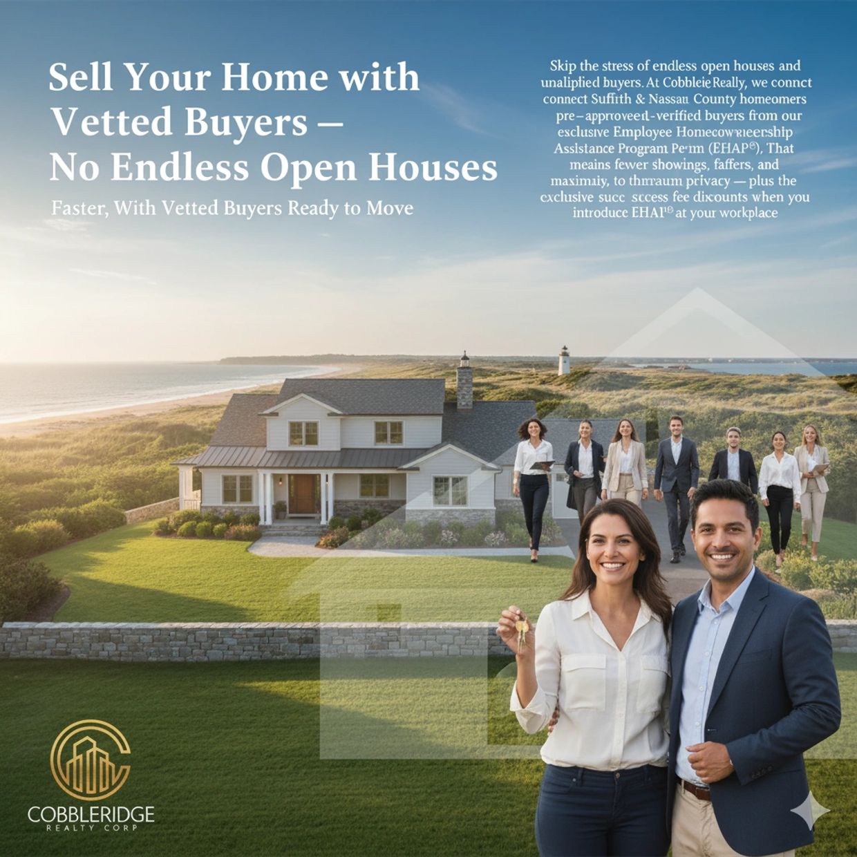 Happy couple with keys, vetted buyers approaching coastal home. Text: 