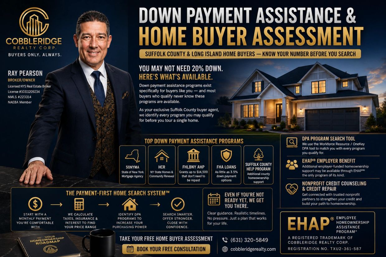Real estate ad offering down payment assistance and home buyer assessment in Suffolk County and Long Island.