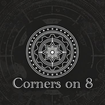 Intricate circular emblem with star design and text 'Corners on 8'.