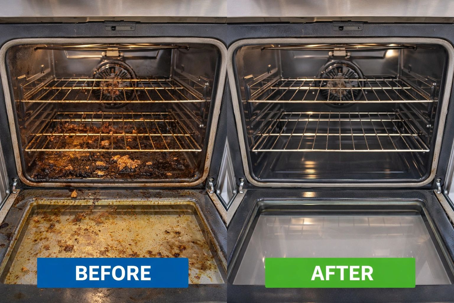 Side-by-side comparison of a dirty oven before and a clean oven after cleaning.