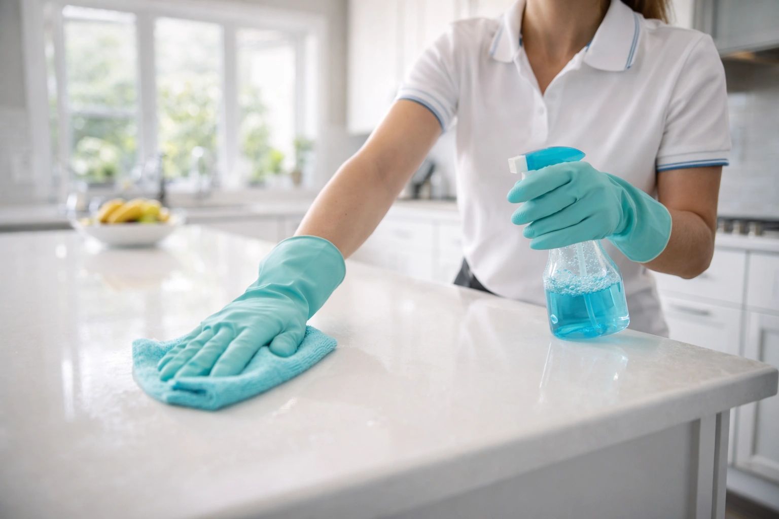 Person cleaning a kitchen countertop with gloves and spray bottle.