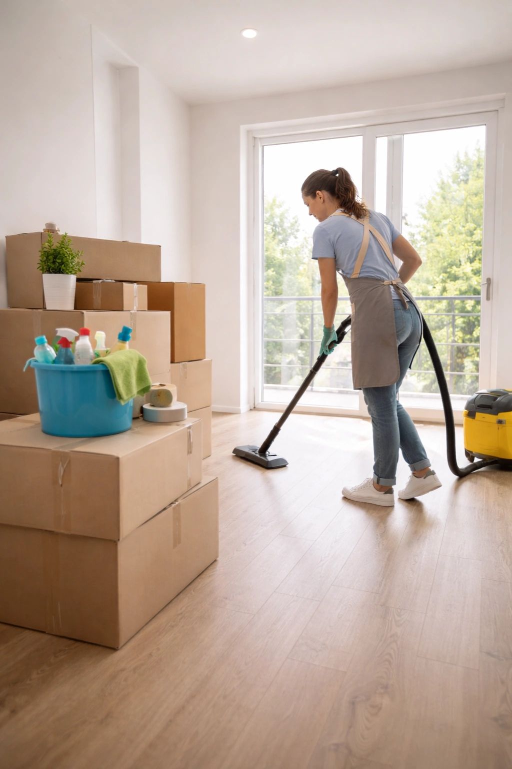 Woman vacuuming floor in a room with moving boxes and cleaning supplies.