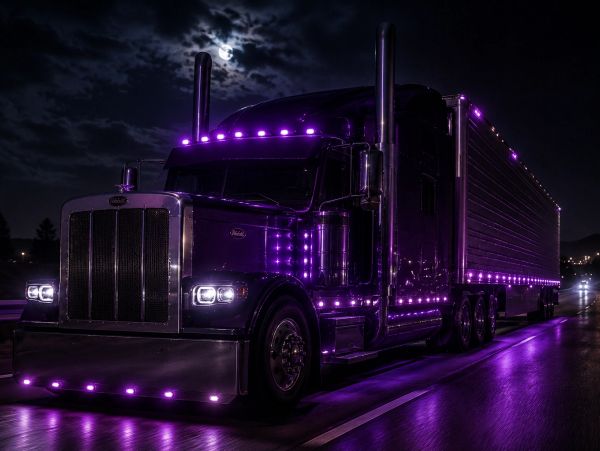 A large truck lit up with purple lights at night.