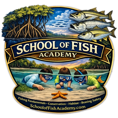 Logo for School of Fish Academy featuring kids exploring underwater and fish above water.