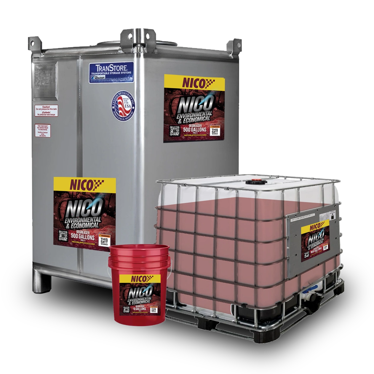 Three containers of NICO environmental degreaser in various sizes.