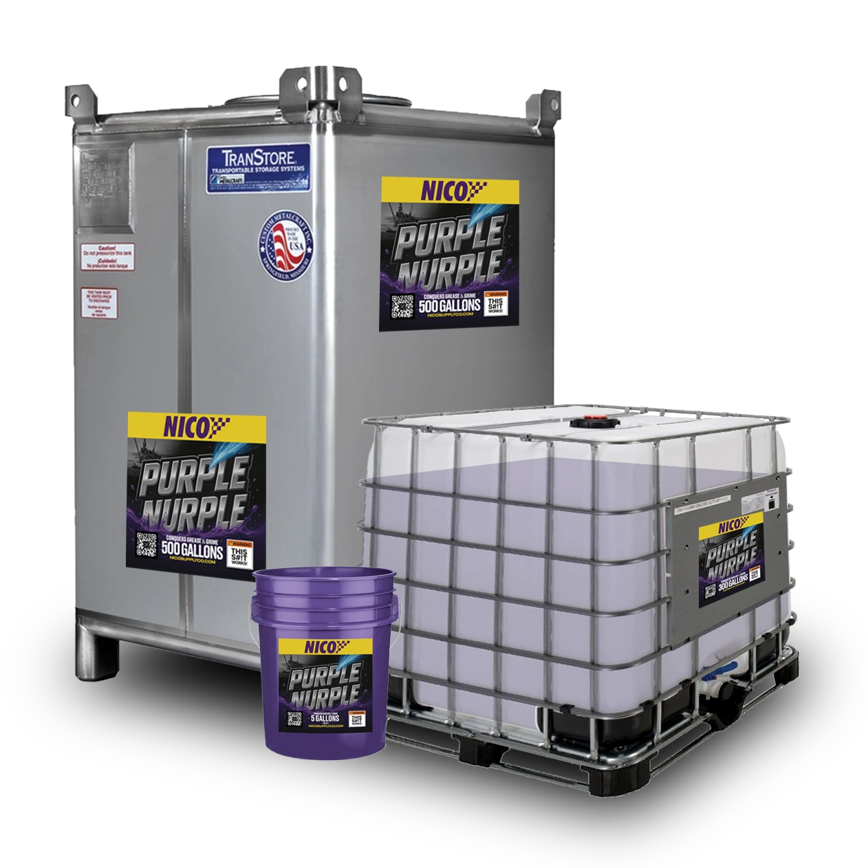 Various sizes of Nico Purple Nurple industrial cleaning solution containers.