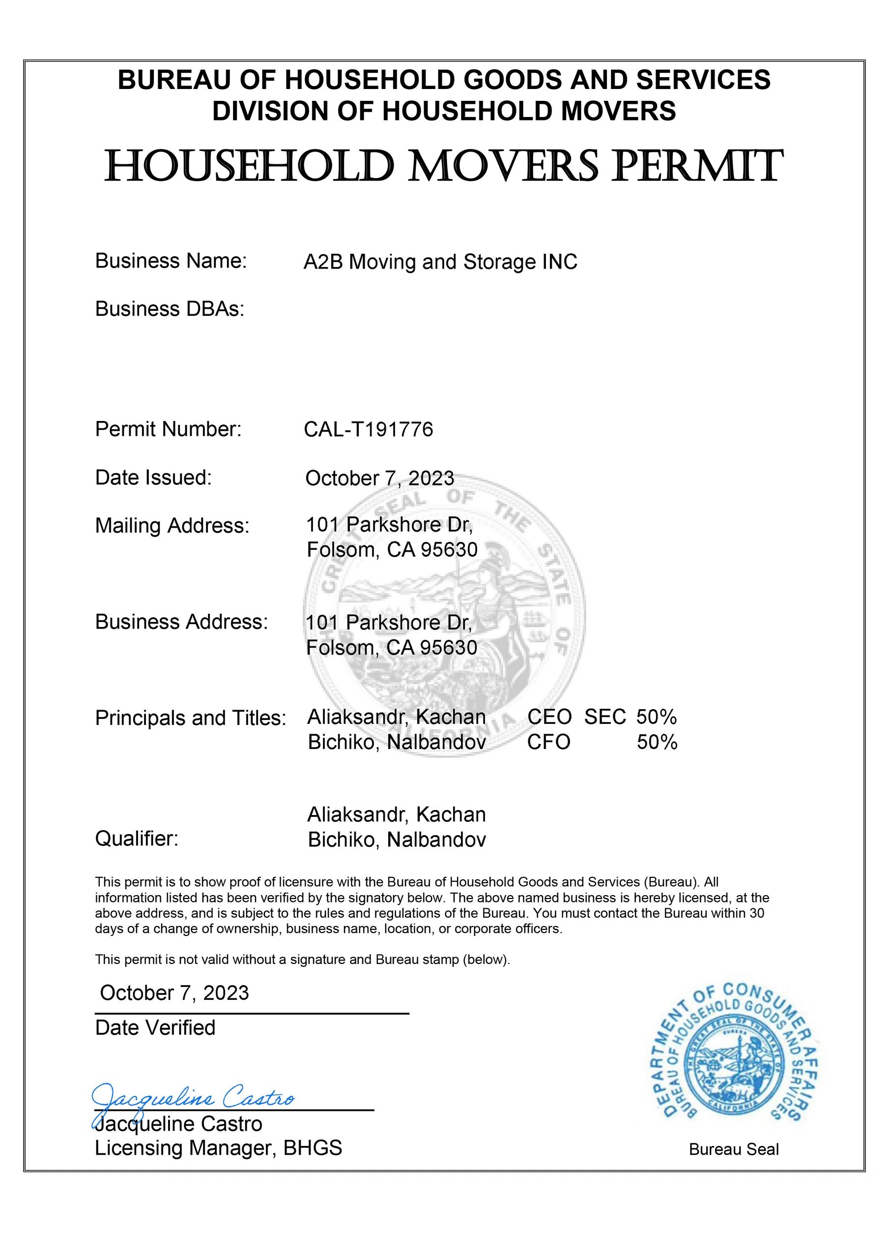 Household Movers Permit issued to A2B Moving and Storage INC with permit number CAL-T191776.
