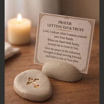 A prayer card with stones on a wooden table beside a lit candle.