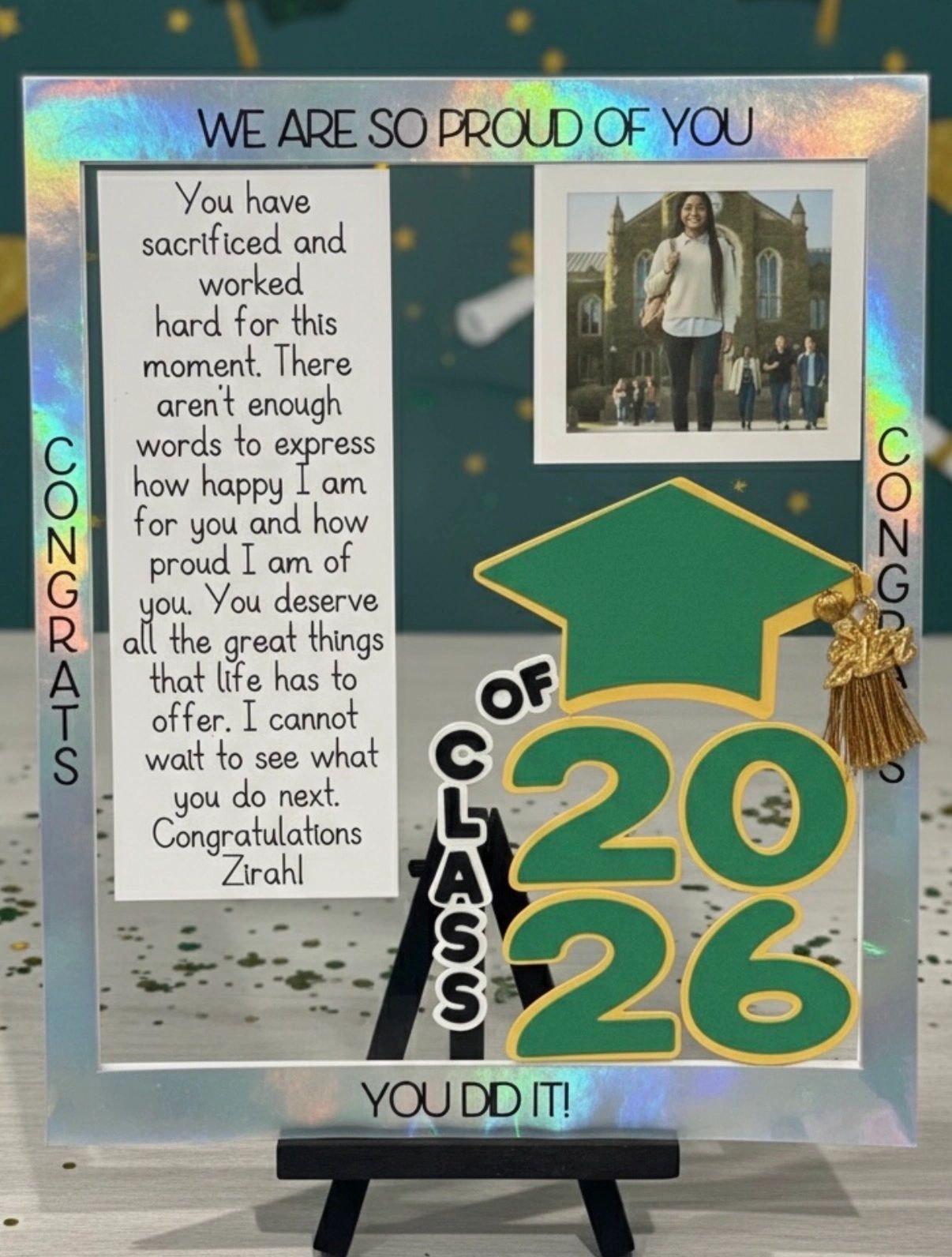 A congratulatory frame for Zirahl's 2026 graduation with a heartfelt message and photo.