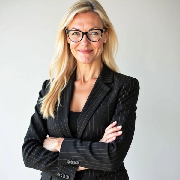 Confident woman in a pinstripe blazer with glasses smiles at the camera.