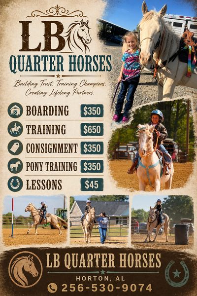 LB Quarter Horses offers boarding, training, and lessons with trustworthy care in Horton, AL.