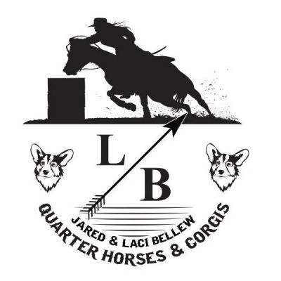 Logo with a horse rider, arrow, and corgi faces representing Jared &amp; Laci Bellew's horses and dogs.