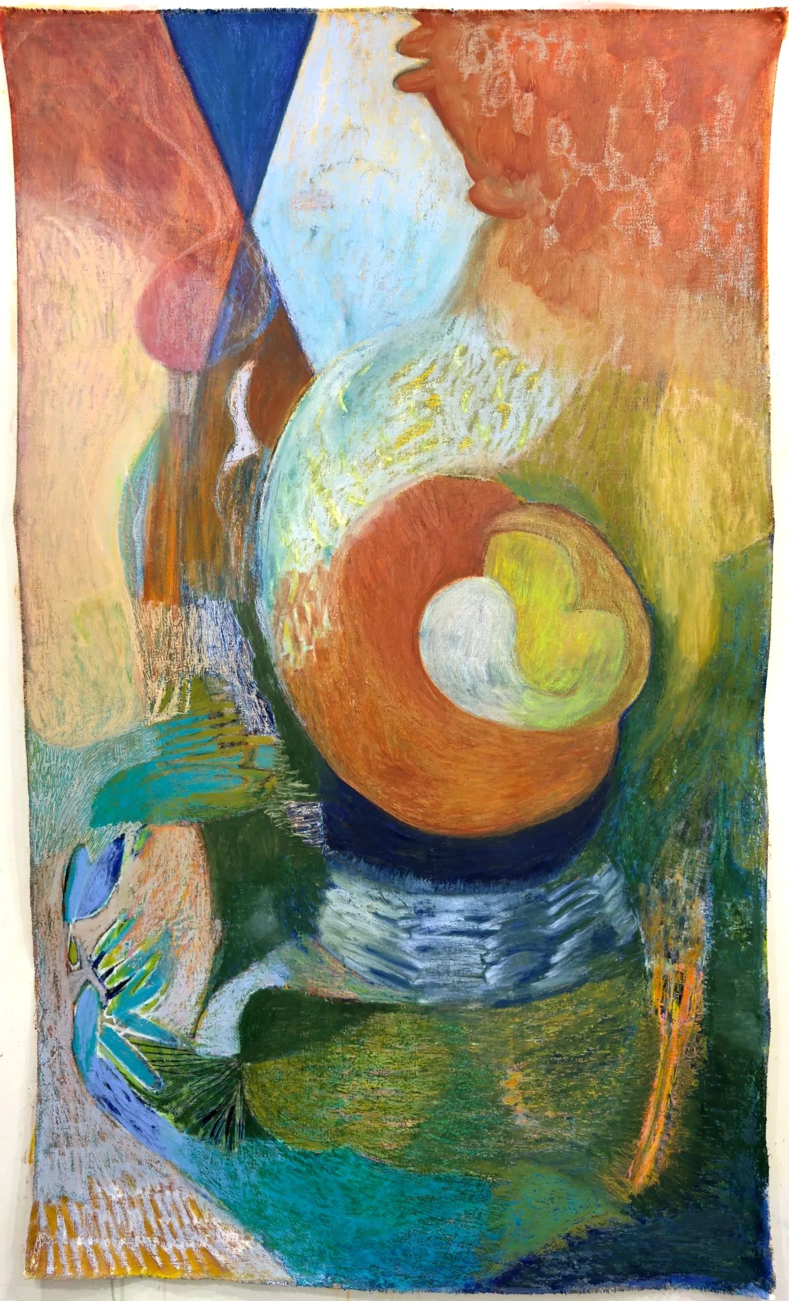 Abstract colorful painting with swirling shapes and textures.