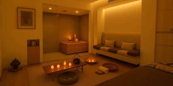 Luxury Japanese couple massage, Hinoki bath, wellness retreat, organic tea, sweets, relaxation.
