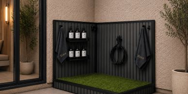 Stylish black wooden corner pet bed with green cushion.
