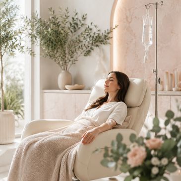 Woman peacefully resting in a comfortable chair with an IV drip in a serene room.