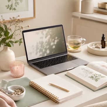 Cozy workspace with laptop, notebook, and botanical illustrations.