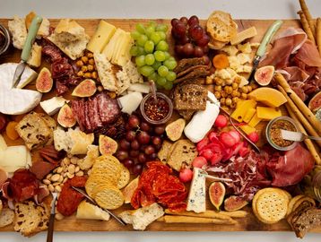 Cheese, Meats, Pickles, Olives, Fruits, Crackers, Bread