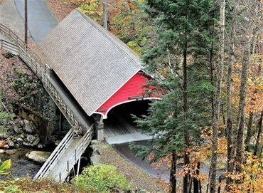 Red Covered Bridge at Flume Gorge, Franconia Notch State Park, Lincoln, New Hampshire.