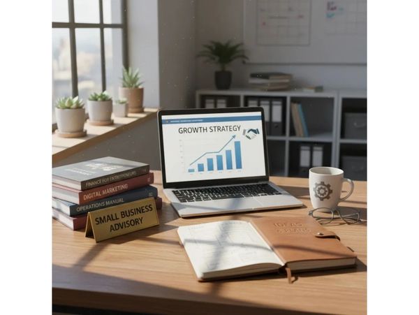 Workspace with laptop showing growth strategy and business advisory materials.