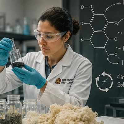Scientist examining liquid in lab with chemical diagram.