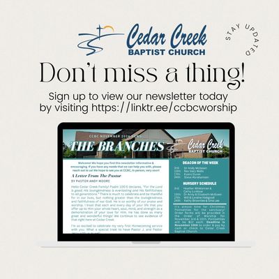 Cedar Creek Baptist Church newsletter sign-up with a link to stay updated.