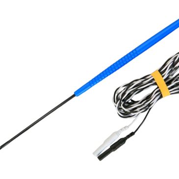 Electric blue-handled whip with attached cables.