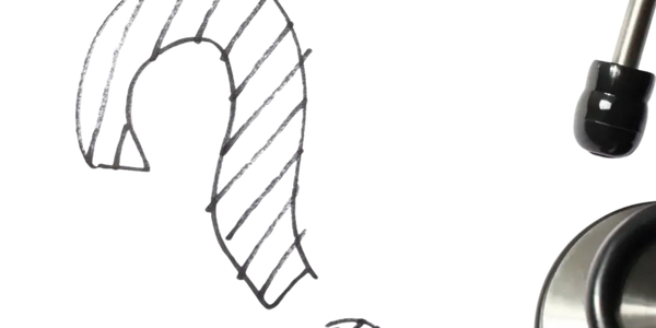 Stethoscope next to a hand-drawn question mark on black background.