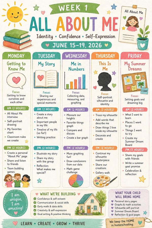 Colorful weekly homeschooling schedule focused on self-identity and expression for kids.