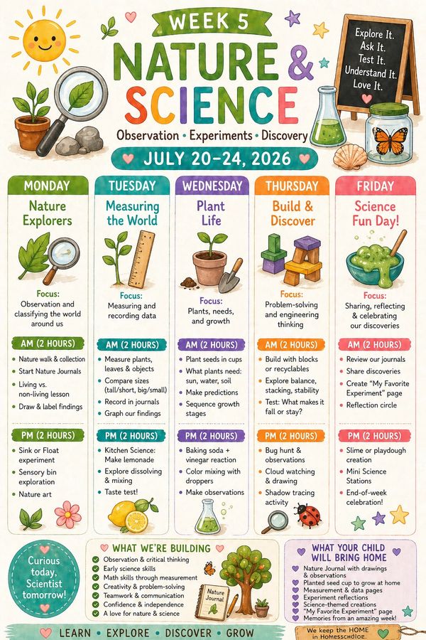 A colorful weekly nature and science activity schedule for kids with daily themes and experiments.
