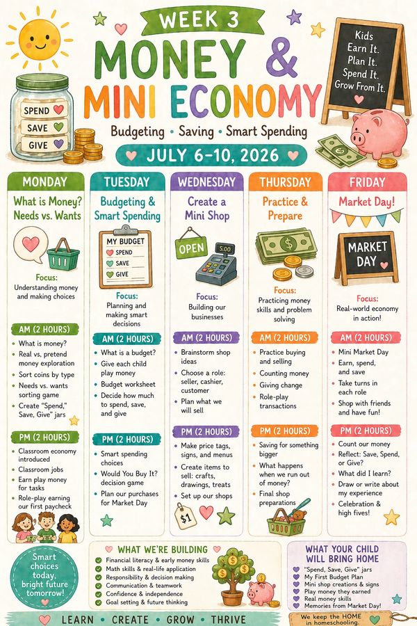 Week 3 money and mini economy lesson plan for kids focusing on budgeting, saving, and smart spending.