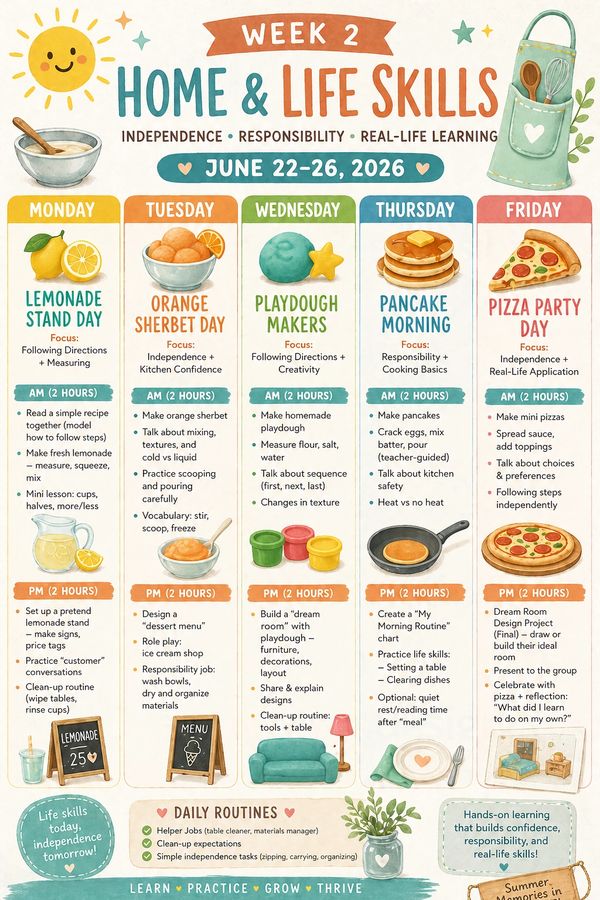 Weekly schedule for home and life skills activities from June 22-26, 2026.