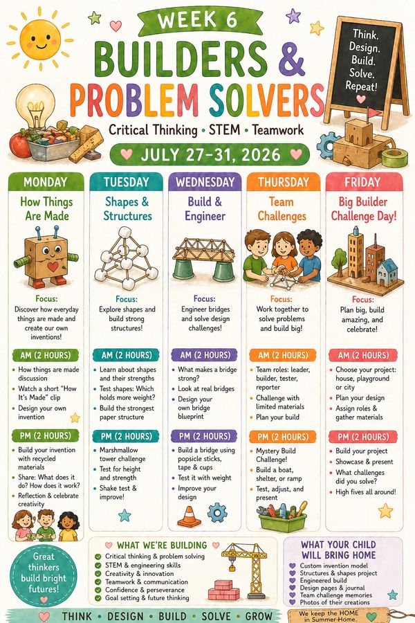 Week 6 Builders & Problem Solvers summer camp schedule with daily STEM activities and challenges.