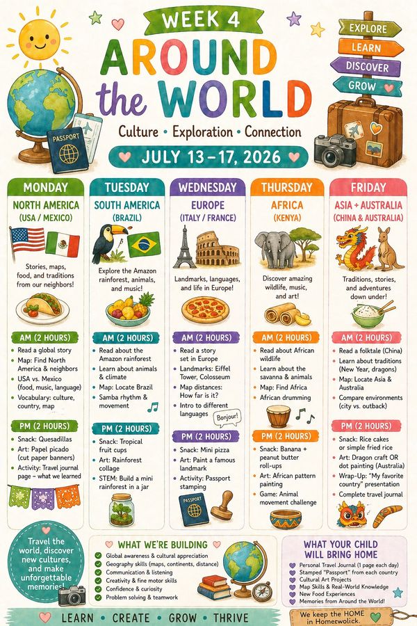 Weekly cultural exploration plan focusing on different continents with activities for kids.