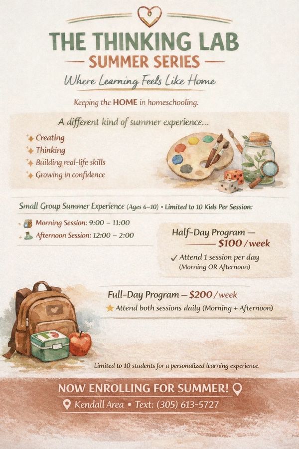 Flyer advertising The Thinking Lab Summer Series for kids ages 6-10 with creative and skill-building sessions.