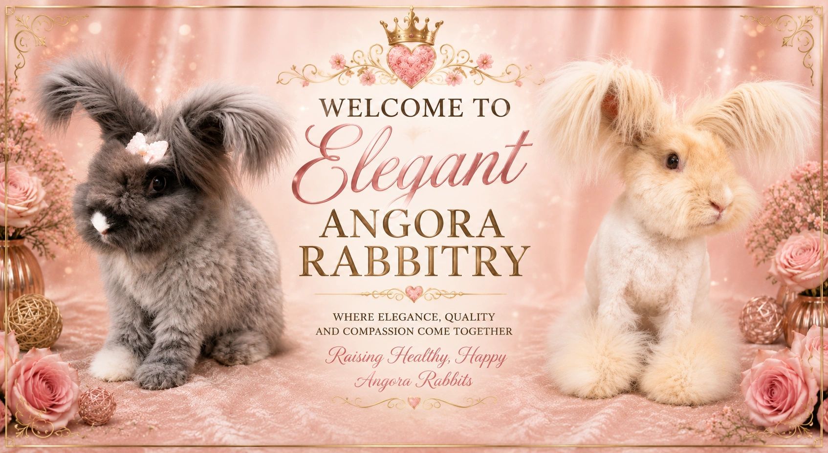 Two elegant Angora rabbits on a pink floral background.